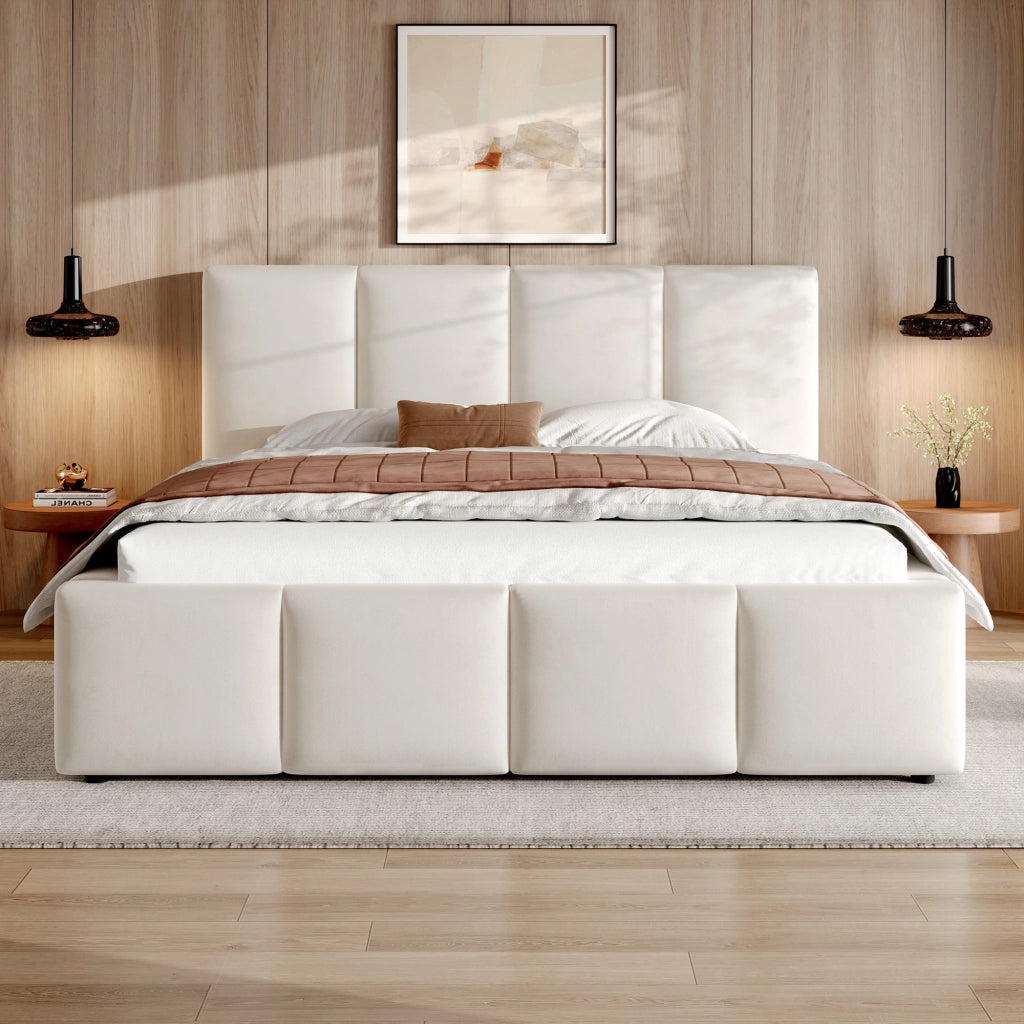 Letto imbottito 180 x 200 cm con testiera 11 cm e rete a doghe, letto matrimoniale in ciniglia beige, design a linee verticali