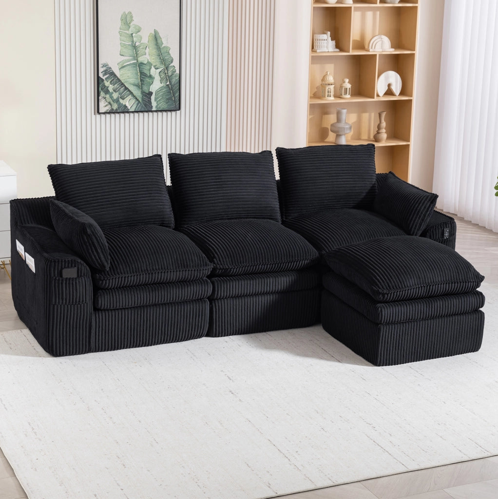 Divano modulare a 3 posti in velluto a coste con pouf; cuscini e tasche laterali; nero