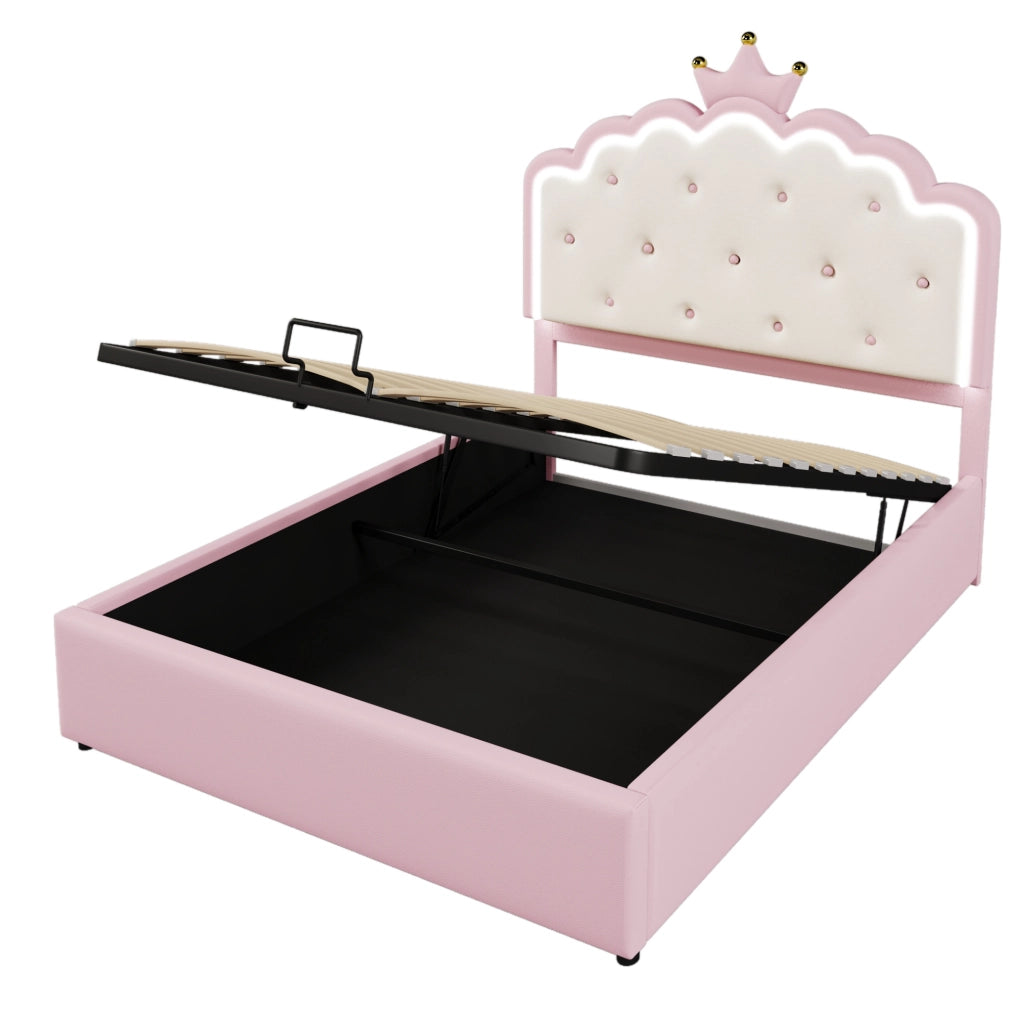 Letto imbottito 140x200 cm con rete, contenitore idraulico e LED in PU rosa