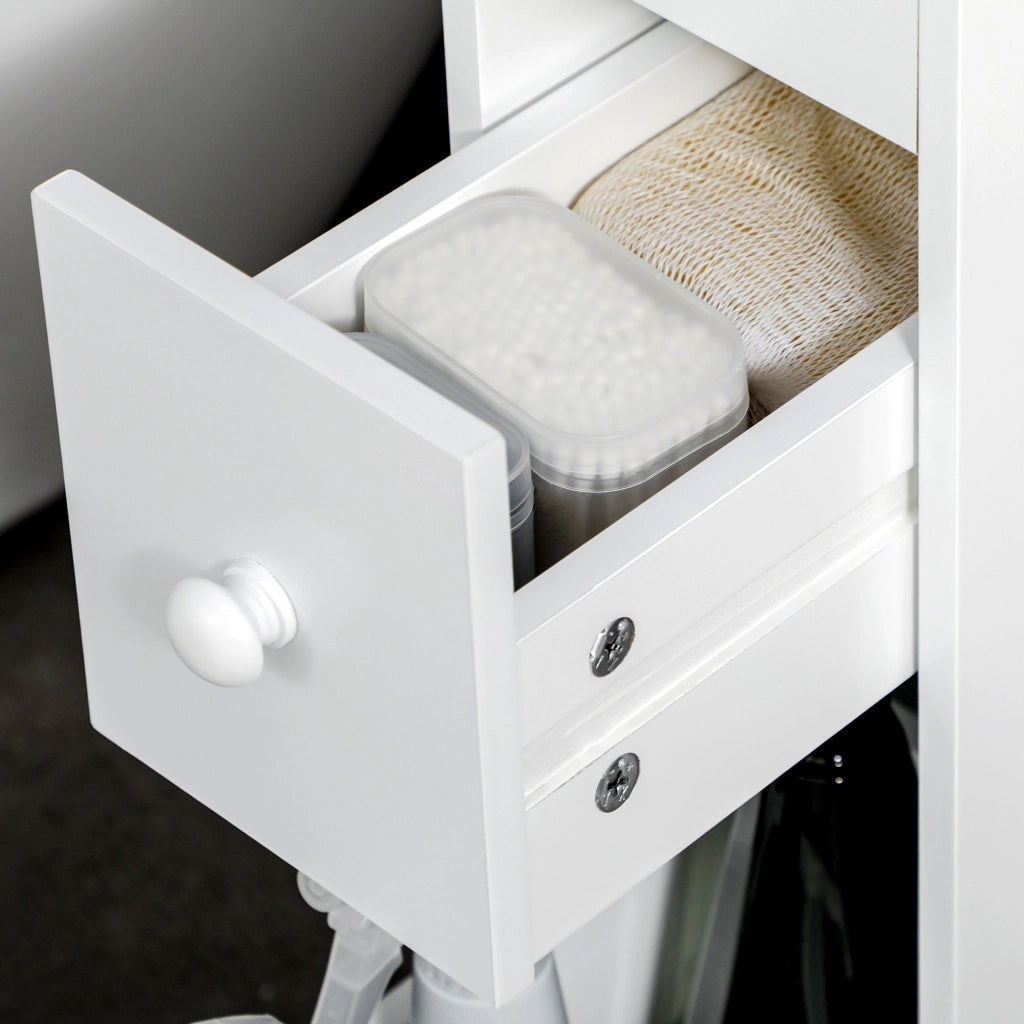 Mobile basso da bagno compatto con ruote; 2 cassetti e vano aperto in MDF bianco 16 × 49.5 × 66 cm