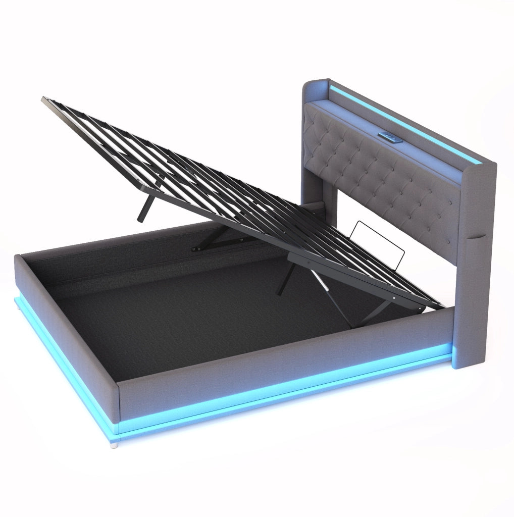 Letto imbottito LED 160x200 cm con porta USB e contenitore idraulico; grigio