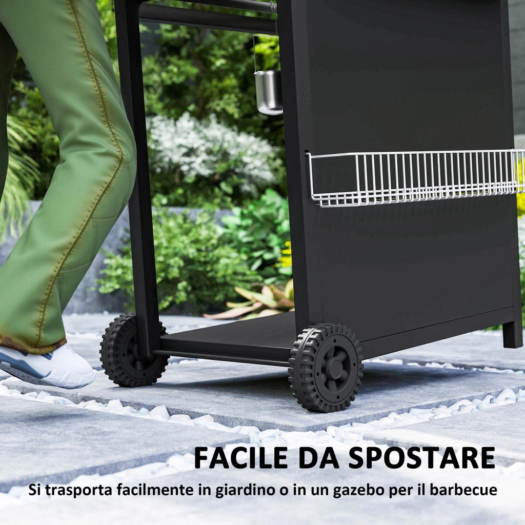 Barbecue a Gas con Bruciatori Indipendenti Coperchio con Termometro e Tavolino Laterale Nero