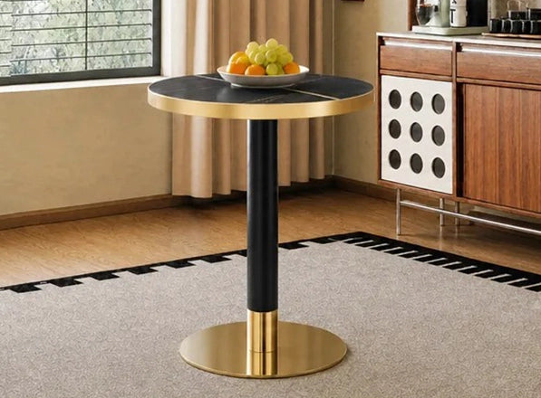 Tavolino Rotondo con Piano Effetto Marmo, Bordo Dorato e Struttura in Metallo Nero/Oro, Ø 60 cm, Altezza 73,7 cm