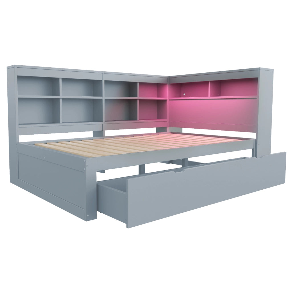 Letto matrimoniale 140 × 200 cm con cassetti LED cangianti e presa USB in legno grigio con vani laterali