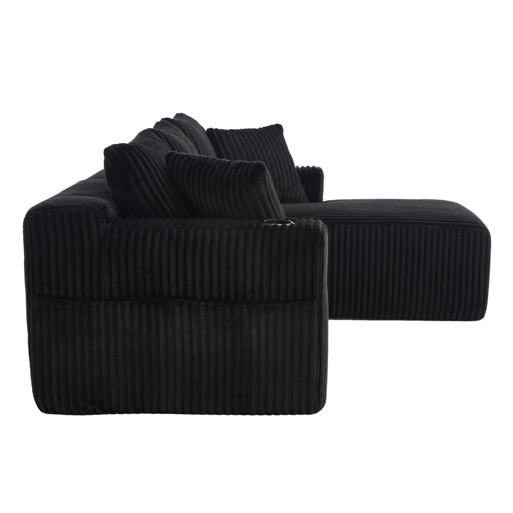 Divano modulare con chaise longue e 2 posti in velluto a coste nero con 5 cuscini