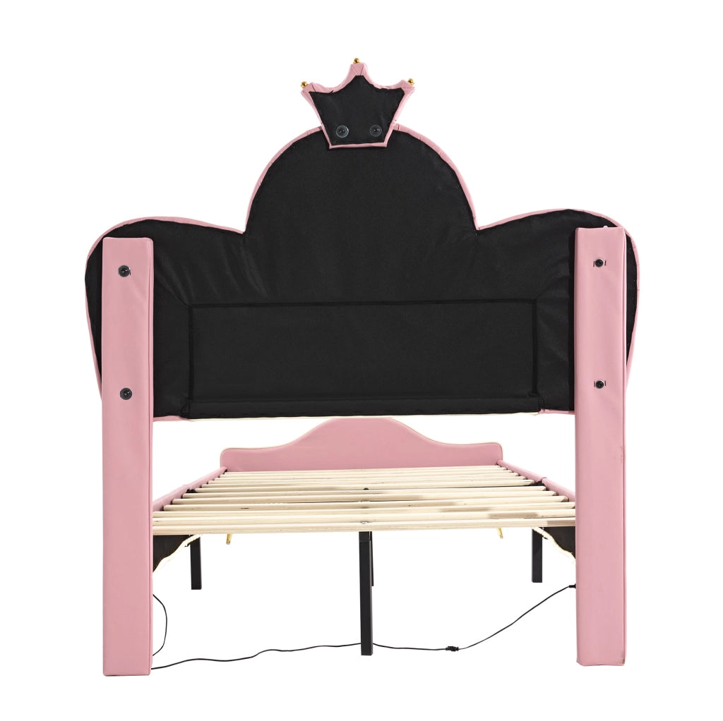 Letto singolo per bambini 90x200 cm con LED monocolore in PU rosa e bianco