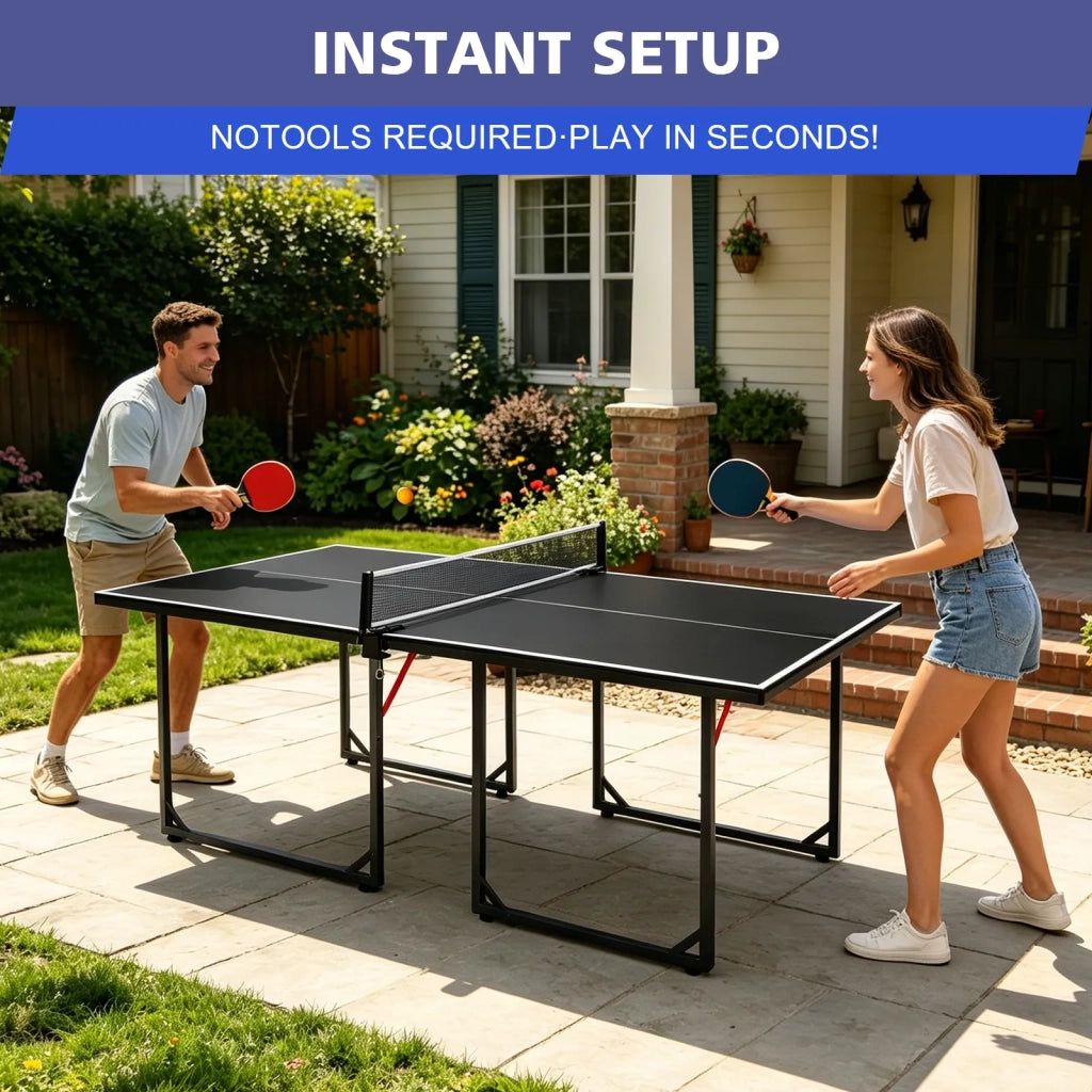 Tavolo da Ping Pong 182 cm, pieghevole e portatile per interni ed esterni. Set con rete, 2 racchette e 3 palline. Piano nero, gambe nere.