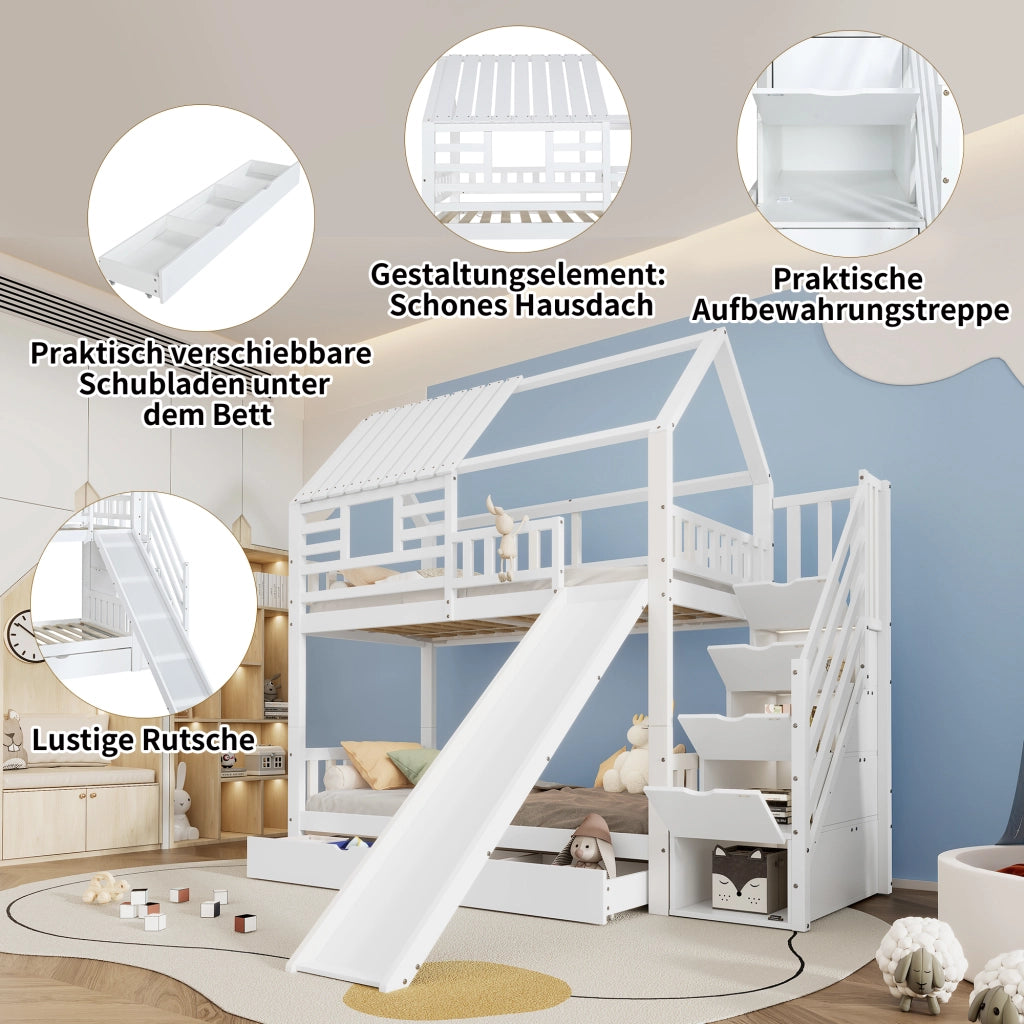 Letto a castello 2 posti 90 × 200 cm con scala contenitore, scivolo e cassetti, senza materasso, bianco