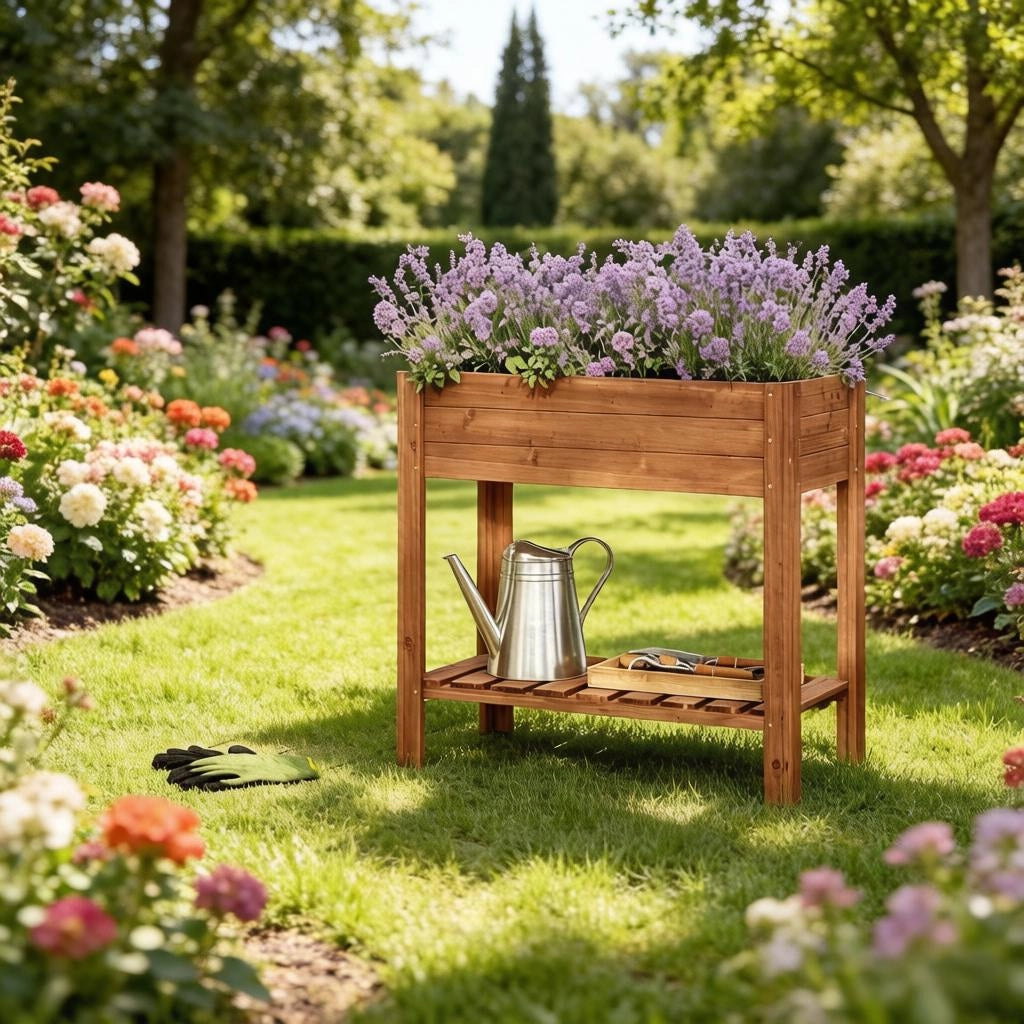 Fioriera rialzata in legno con ripiano portaoggetti per balcone terrazza e giardino marrone 80 × 75 × 40 cm