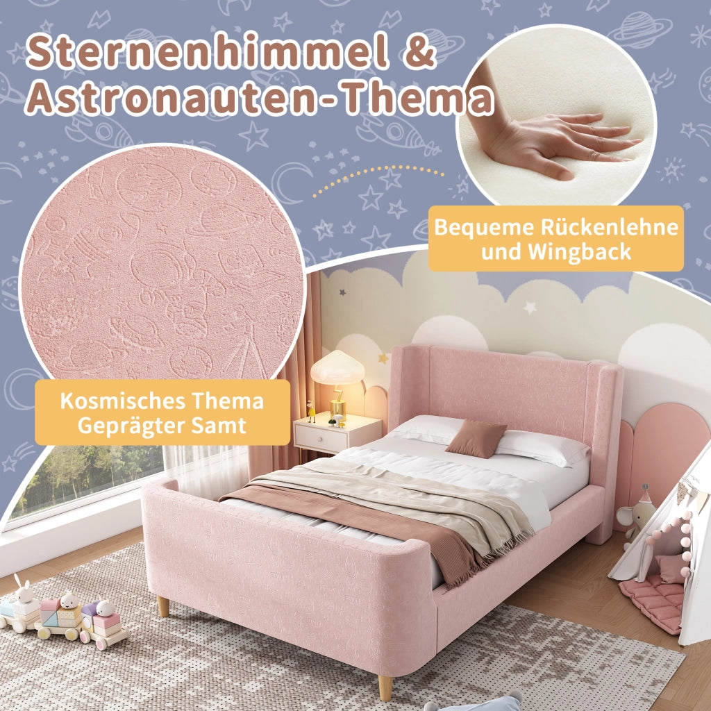 Letto singolo 90 × 200 cm con testiera imbottita e motivo spaziale rivestito in velluto rosa con rete a doghe