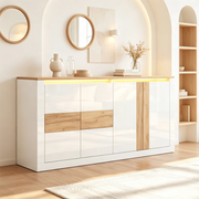 Credenza Bianca Lucida 140 cm con LED RGB; Mobile Soggiorno 4 Ante in MDF; Finitura Rovere