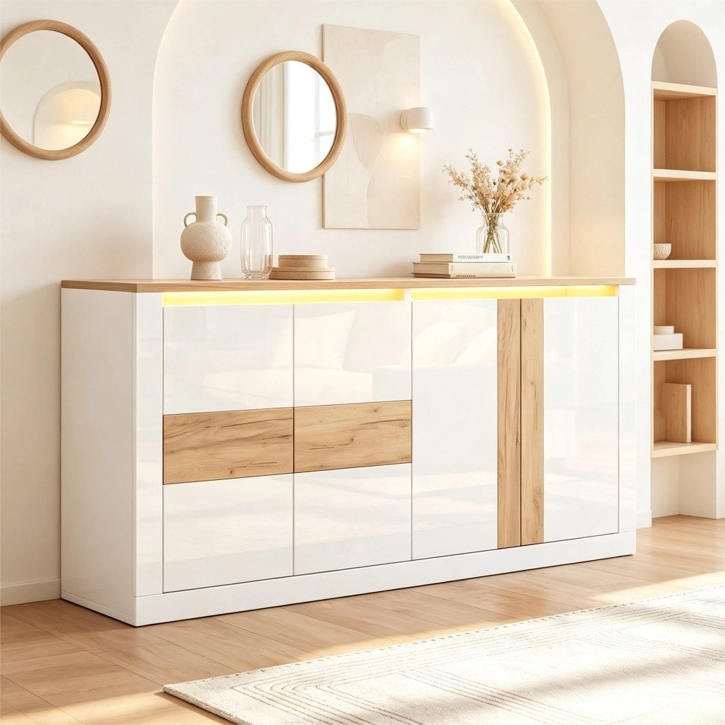 Credenza Bianca Lucida 140 cm con LED RGB; Mobile Soggiorno 4 Ante in MDF; Finitura Rovere