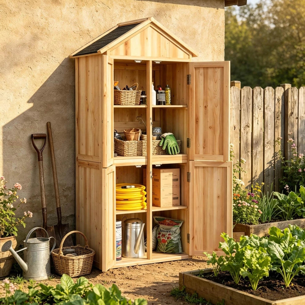 Capanno da giardino in legno di abete con tetto spiovente in asfalto, armadio esterno per utensili 82x50x190 cm