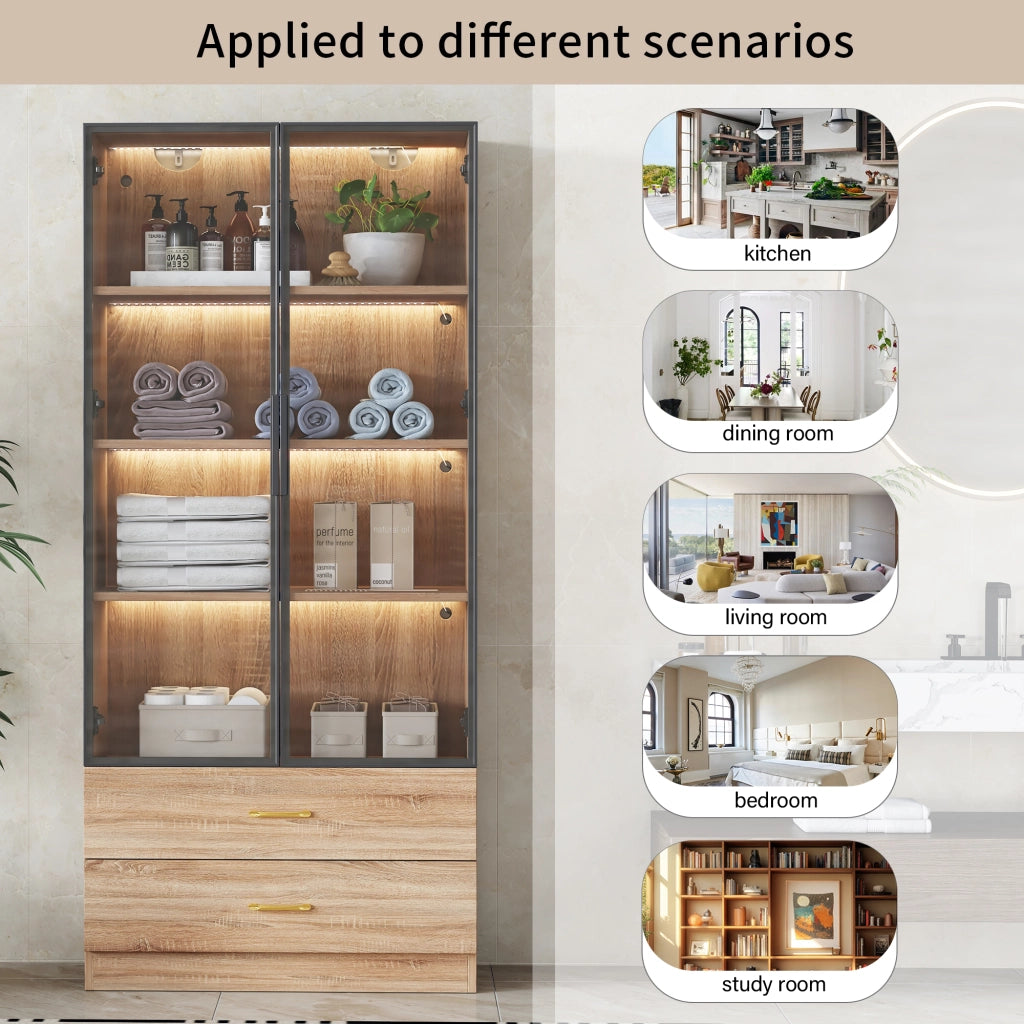 Armadio da bagno con 2 ante, 2 cassetti, ripiani aperti e anta in vetro, stile moderno, per bagno, MDF marrone