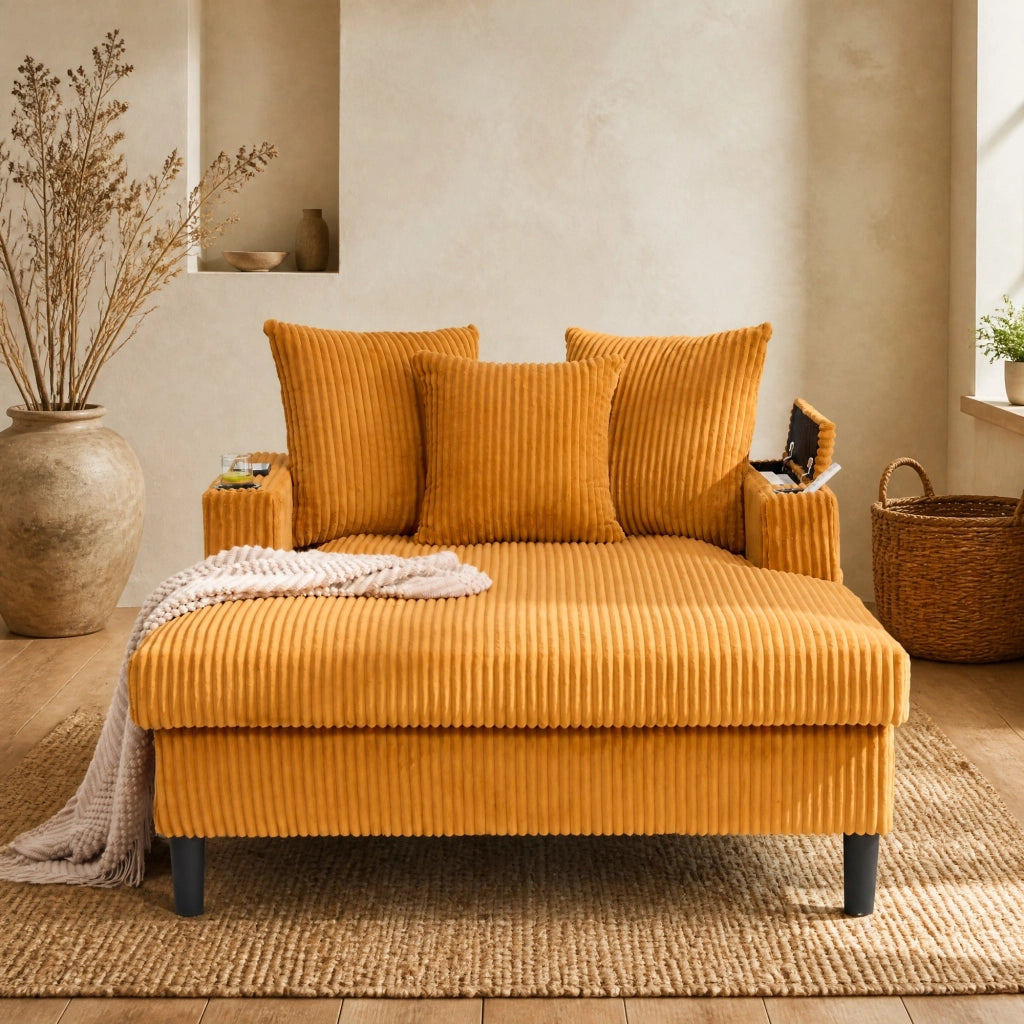 Chaise longue 129x170x70 cm con LED e porta USB in velluto a coste giallo senape