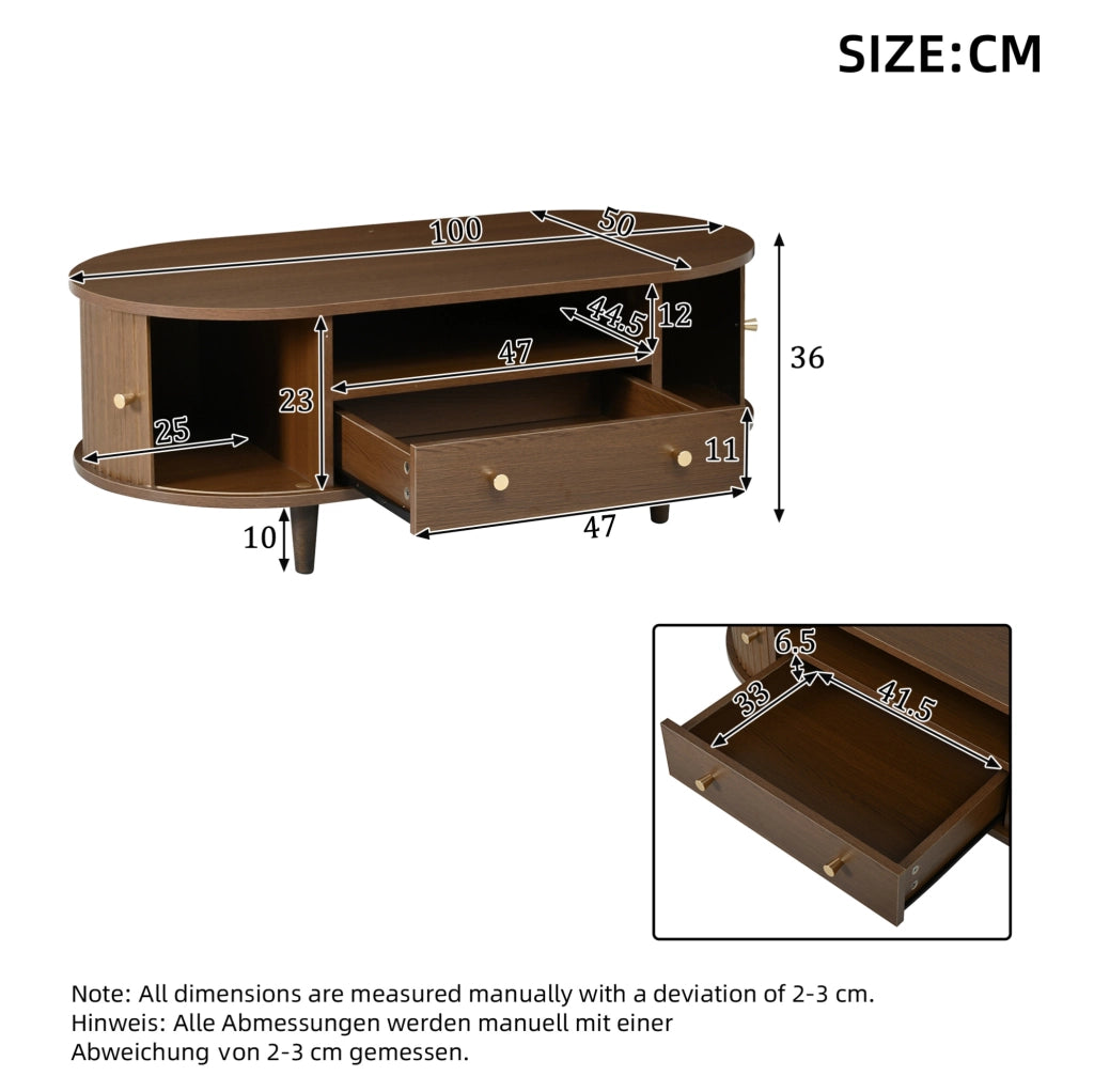 Tavolino da caffè ovale 100x50x36 cm in MDF color noce con 1 cassetto e anta a rullo