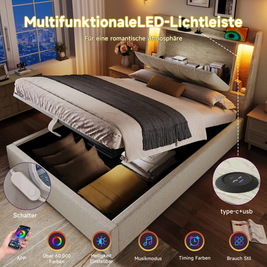 Letto per bambini 90x200 cm con LED; USB e Type-C; testiera con vani e scomparto ribaltabile; lino beige