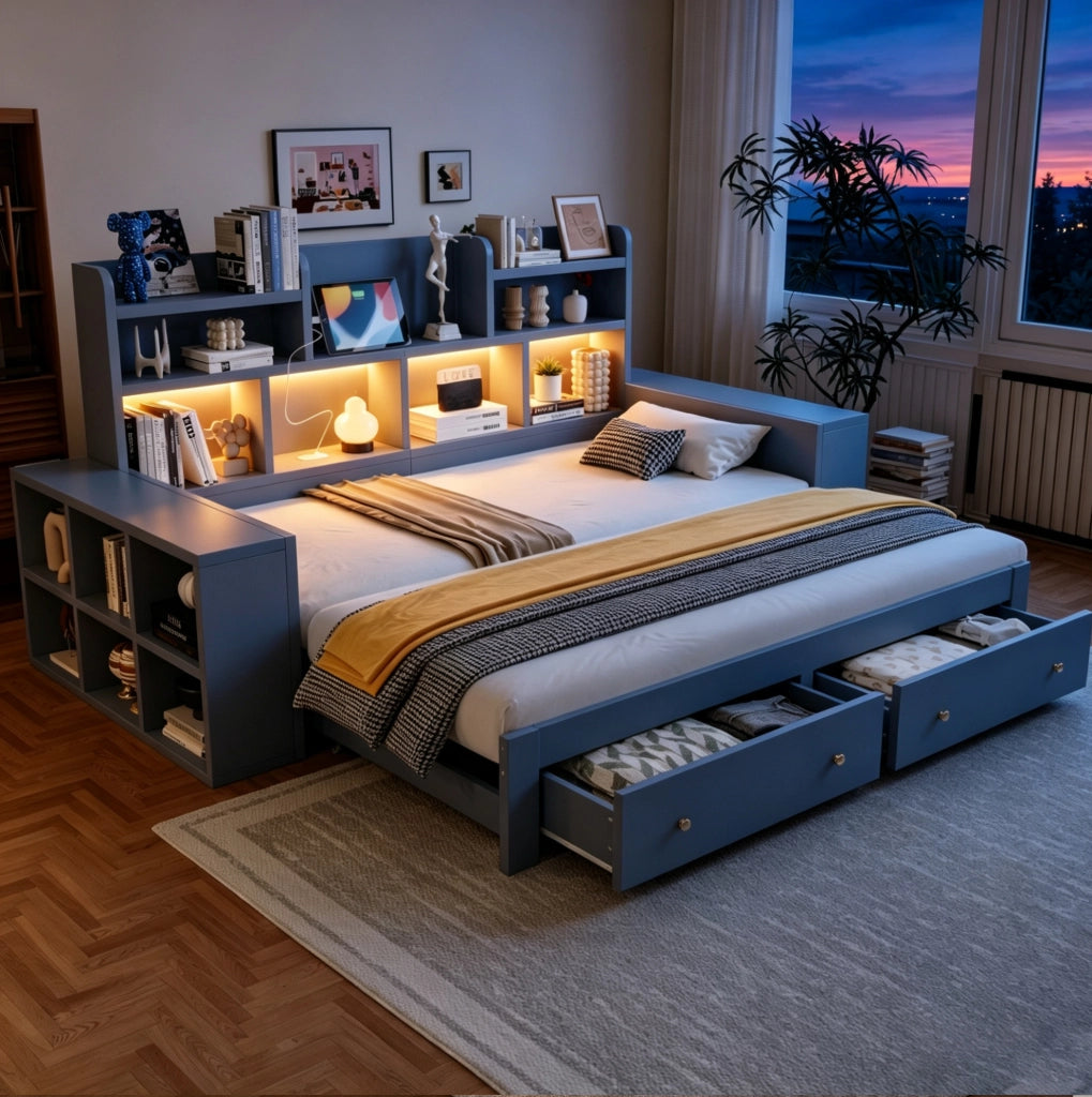 Divano letto estraibile 90x200/180x200 cm con cassetti, LED e prese in compensato e MDF grigio