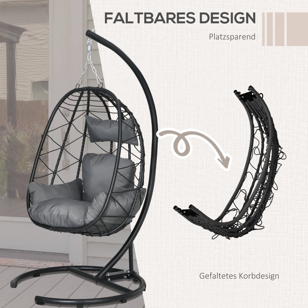 Poltrona sospesa in rattan con supporto e cuscini, nera