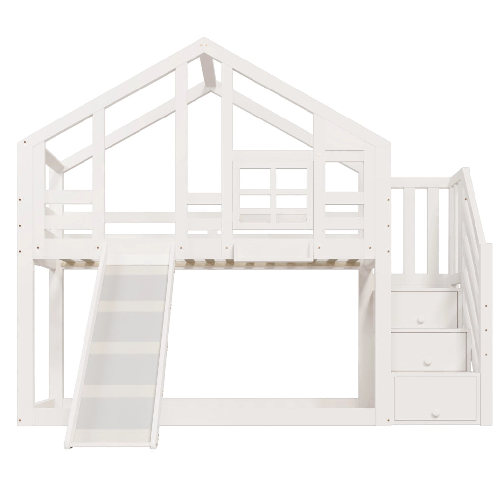 Letto a castello a forma di casetta con scivolo, 90x200 cm, in legno di pino bianco con cassetti e 2 reti a doghe (senza materasso)