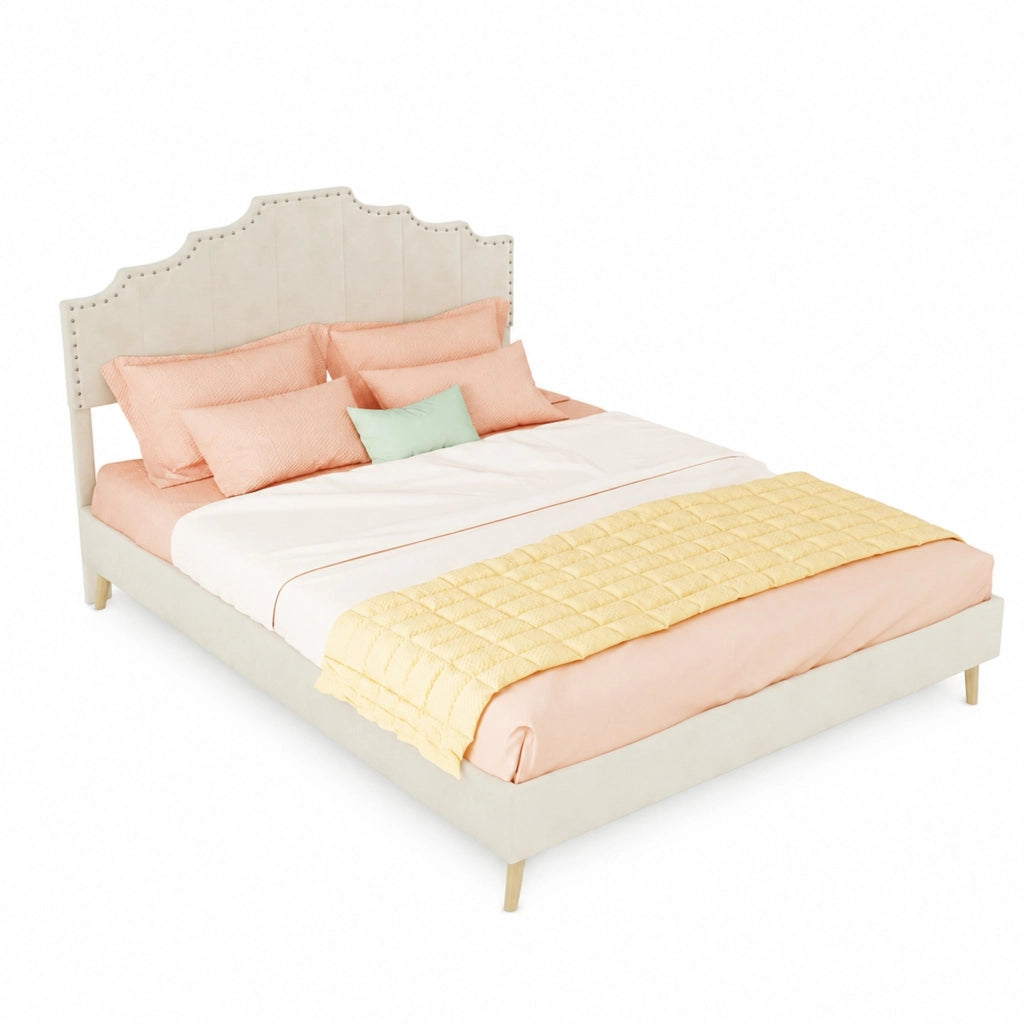 Letto matrimoniale 140x200 cm con testiera imbottita beige e design geometrico