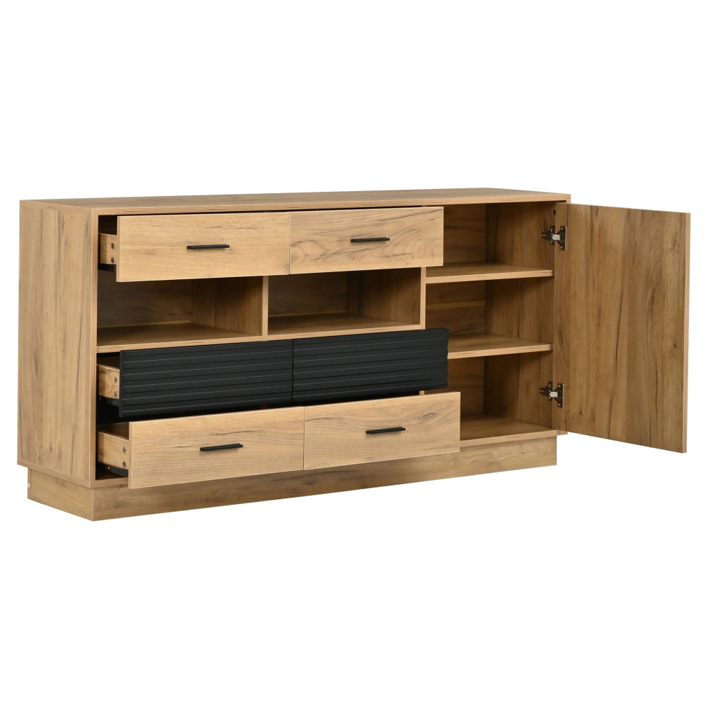 Credenza ULEVR 140x35x70 cm con 6 cassetti e 1 anta, mobile contenitore in MDF effetto rovere