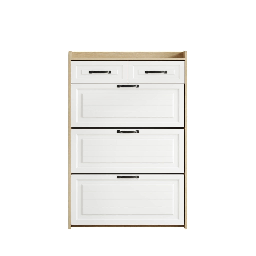 Scarpiera con 3 ripiani girevoli e cassetti maniglie in metallo bianco e naturale 80 × 23.5 × 131 cm