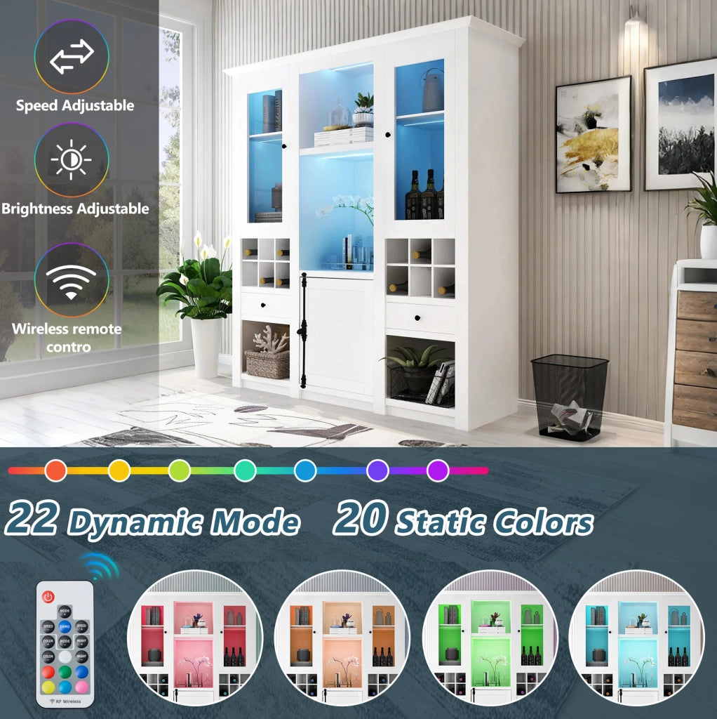 Vetrina ULEVR 143x45,5x170 cm con LED a 16 colori, 2 ante trasparenti, cassetti e vani portaoggetti, bianca