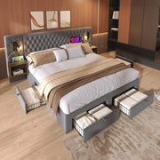 Letto con cassetti 180 × 200 cm con 2 comodini lampade da lettura USB e Type C rivestito in velluto grigio