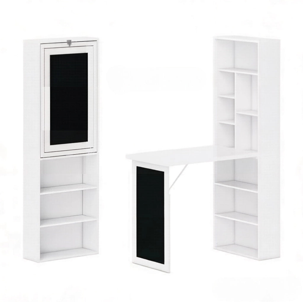 Scrivania da Parete Pieghevole in MDF e Legno di Pino 98x51x153 cm con Mensole e Lavagnetta