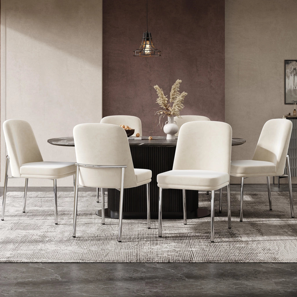 Set di 4 sedie da pranzo in velluto beige con struttura in metallo cromato