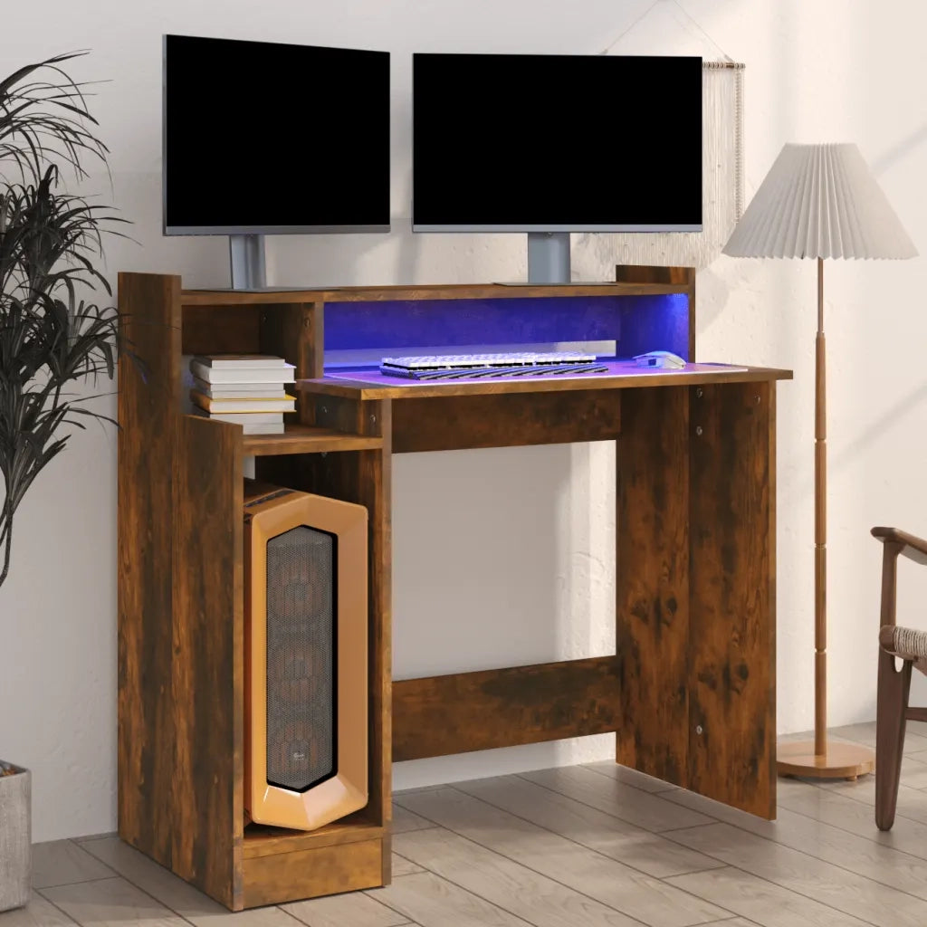 Scrivania con Luci LED Rovere Fumo 97x45x90 cm in Multistrato 820475