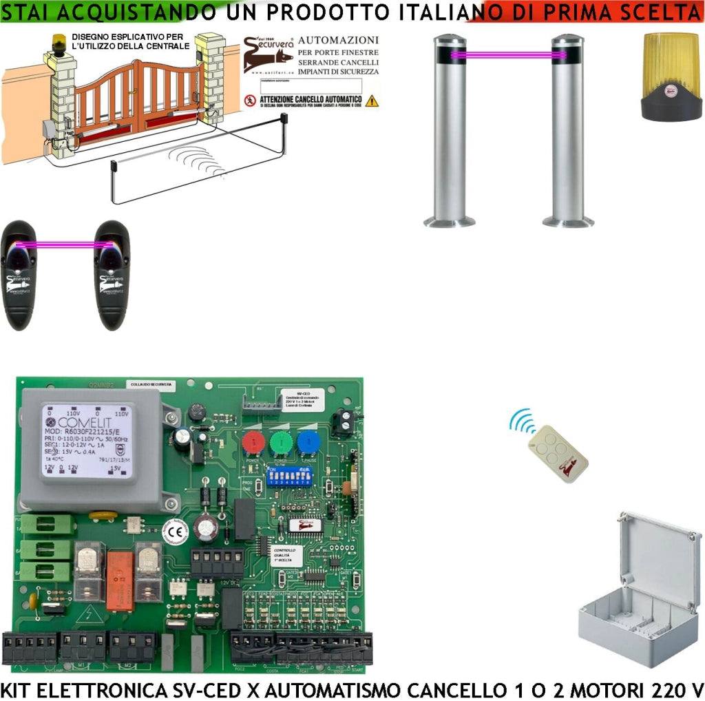CENTRALE ELETTRONICA CANCELLO 2 ANTE 220 V 1 RADIOCOMANDO 2 COPPIE FOTOCELLULE 1 COPPIA PALINE TEMPI FORZA E FUNZIONE REGOLABILI FINE CORSA