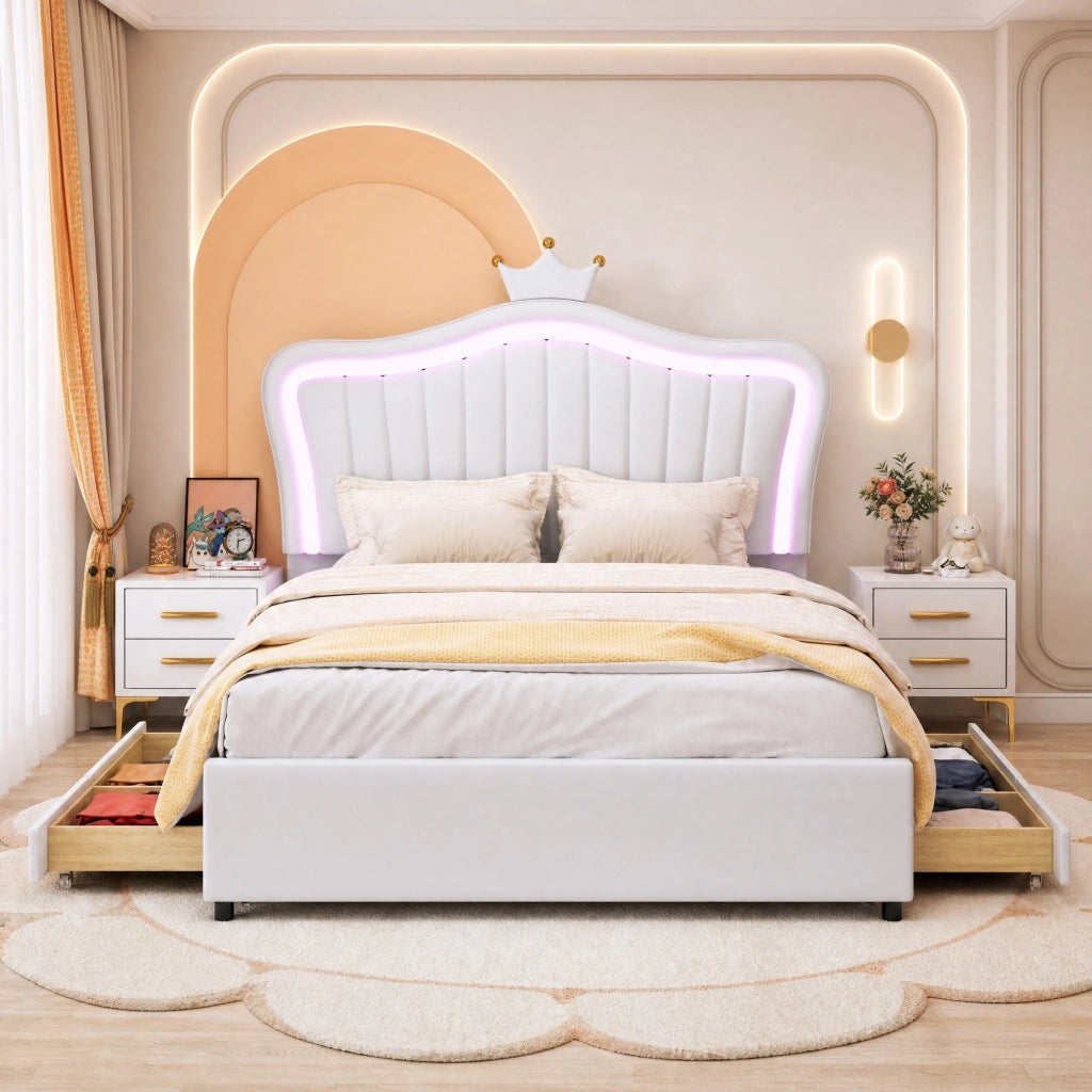 Letto imbottito a forma di conchiglia con LED e 4 cassetti