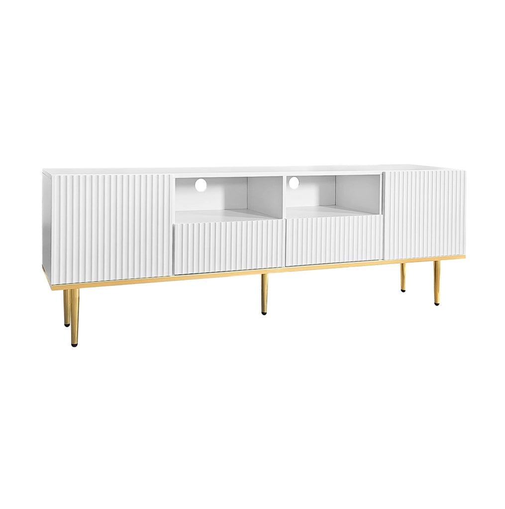 Mobile TV con 2 cassetti e 2 vani; 165 x 36 x 55 cm; pannello truciolare; bianco e oro