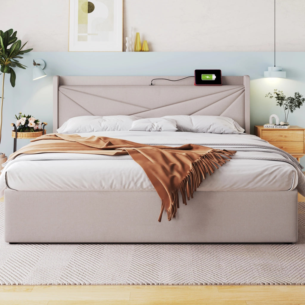 Letto matrimoniale contenitore 140x200 in cotone lino con USB-C, testiera geometrica e materasso