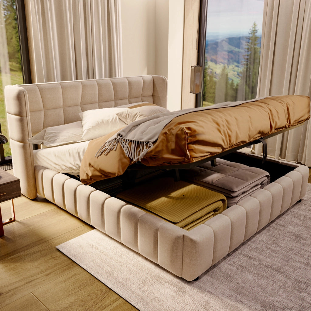 Letto imbottito 180x200 cm con rete a doghe, struttura in metallo e sistema contenitore pneumatico beige