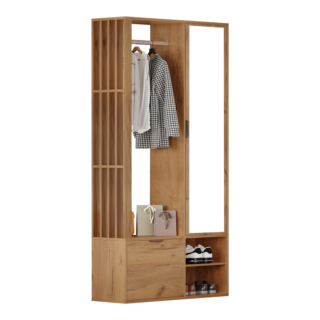 Mobile da ingresso con specchio, 2 armadietti, appendiabiti aperto e 9 vani, in truciolare naturale, 100 × 33 × 190 cm