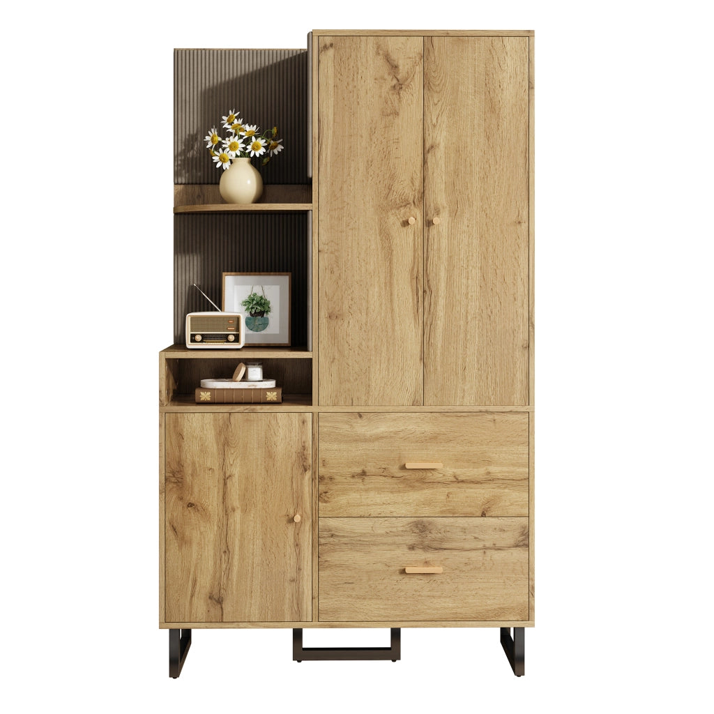 Guardaroba da ingresso con armadio 110 cm con ripiani aperti e pannelli imbottiti, MDF, legno e nero