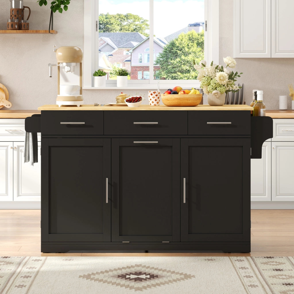 Mobile da cucina con 3 cassetti; vano pattumiera e presa con 2 AC e 2 USB in MDF nero e naturale