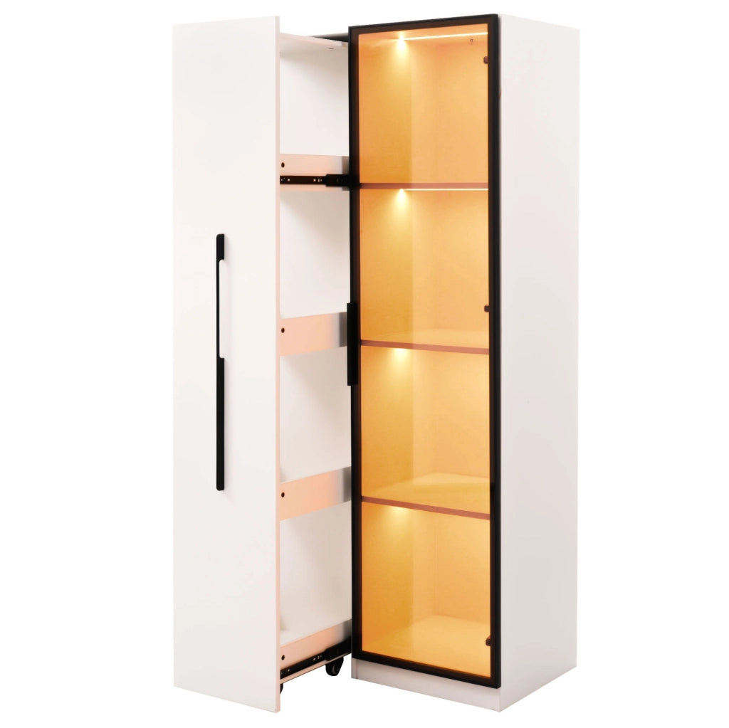 Mobile multifunzione 70 x 40 x 160 cm con libreria estraibile; vetrina LED e vetro temperato; MDF bianco