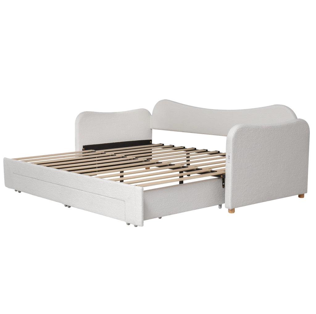 Letto imbottito estensibile con 2 cassetti, 90x200 cm, colore beige bouclé, con porta USB