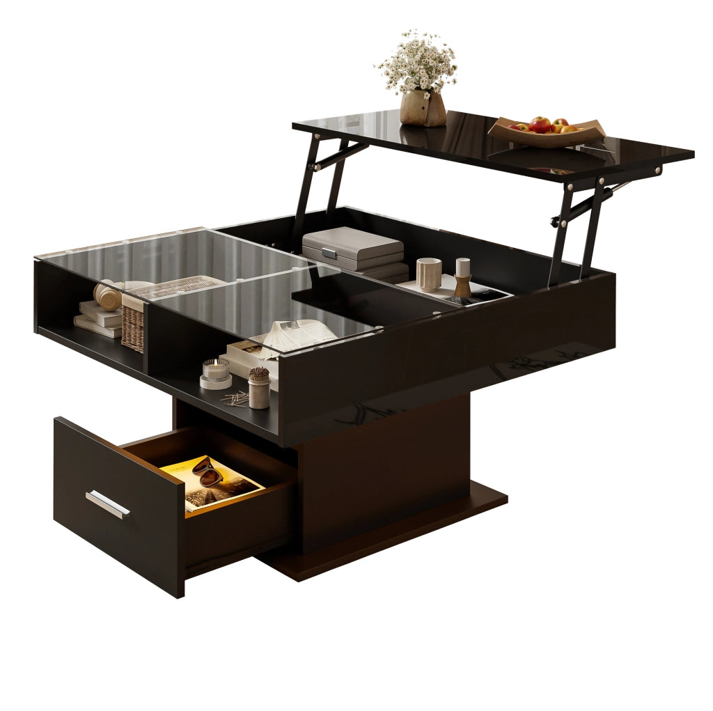 Tavolino da caffè 78x78x45.5/59.5 cm; sollevabile con LED e vano contenitore; truciolare; nero