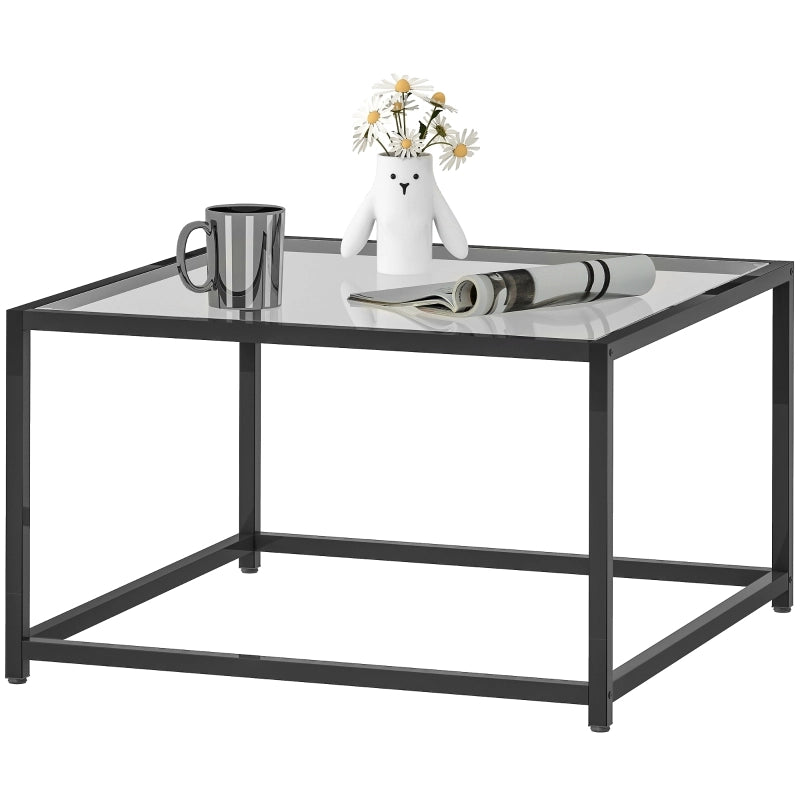 Tavolino basso fisso da soggiorno con piano in vetro temperato e struttura in acciaio nero 68 × 68 × 39 cm