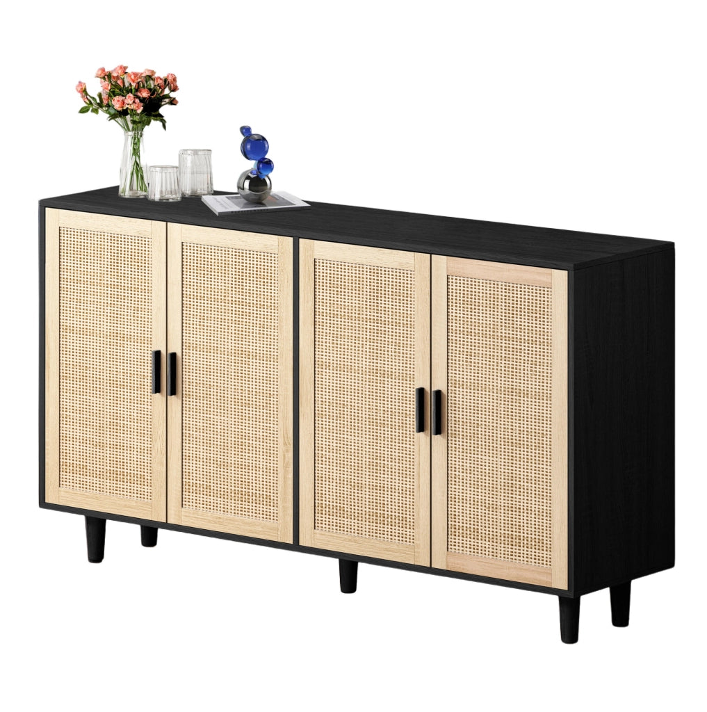 Mobile contenitore 4 ante in rattan 158 x 40 x 88 cm in truciolare nero