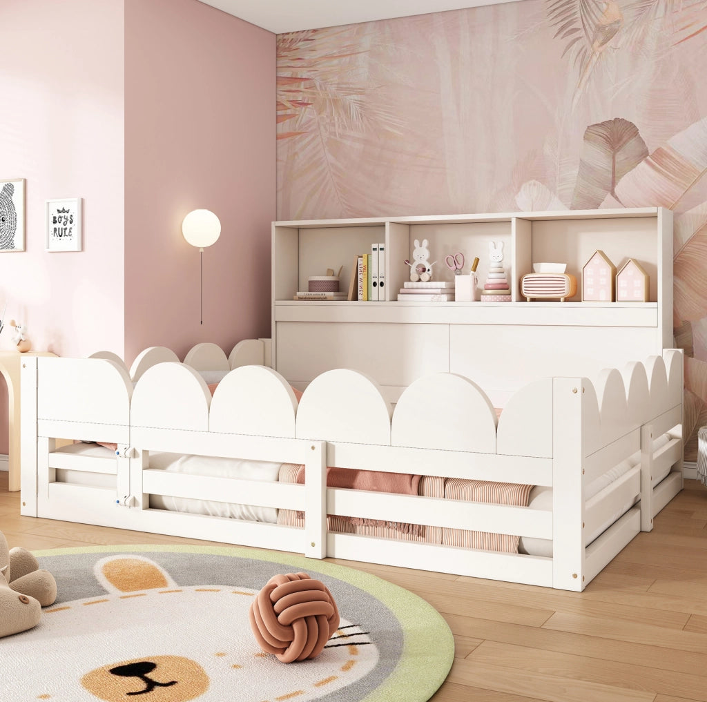 Letto Montessori per Bambini 140x200 cm Bianco con Rete, Sponda, Porta e Mensola