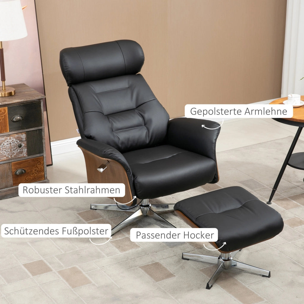 Poltrona Relax con Poggiapiedi, Funzione Letto e Rotazione 360°, Rivestimento in Ecopelle Nera
