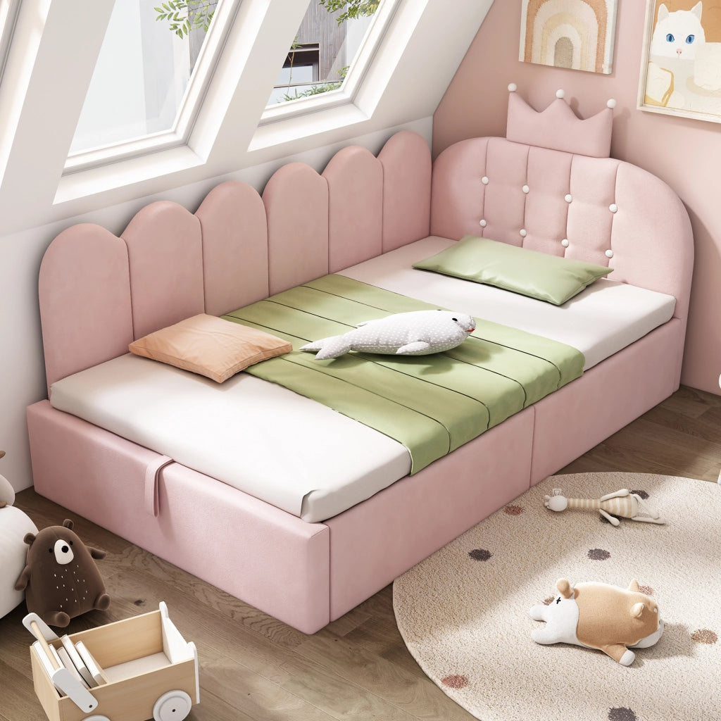 Letto singolo a divano 90 × 200 cm con contenitore idraulico in velluto rosa design corona e griglia