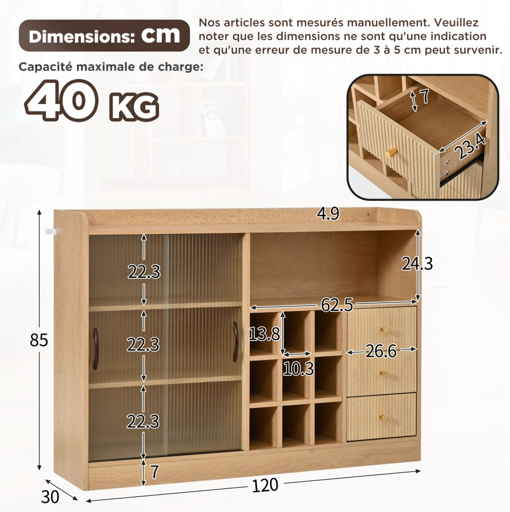 Mobile credenza portavino 120 cm con LED; ante scorrevoli in vetro e 3 cassetti; effetto legno naturale HOMVRA