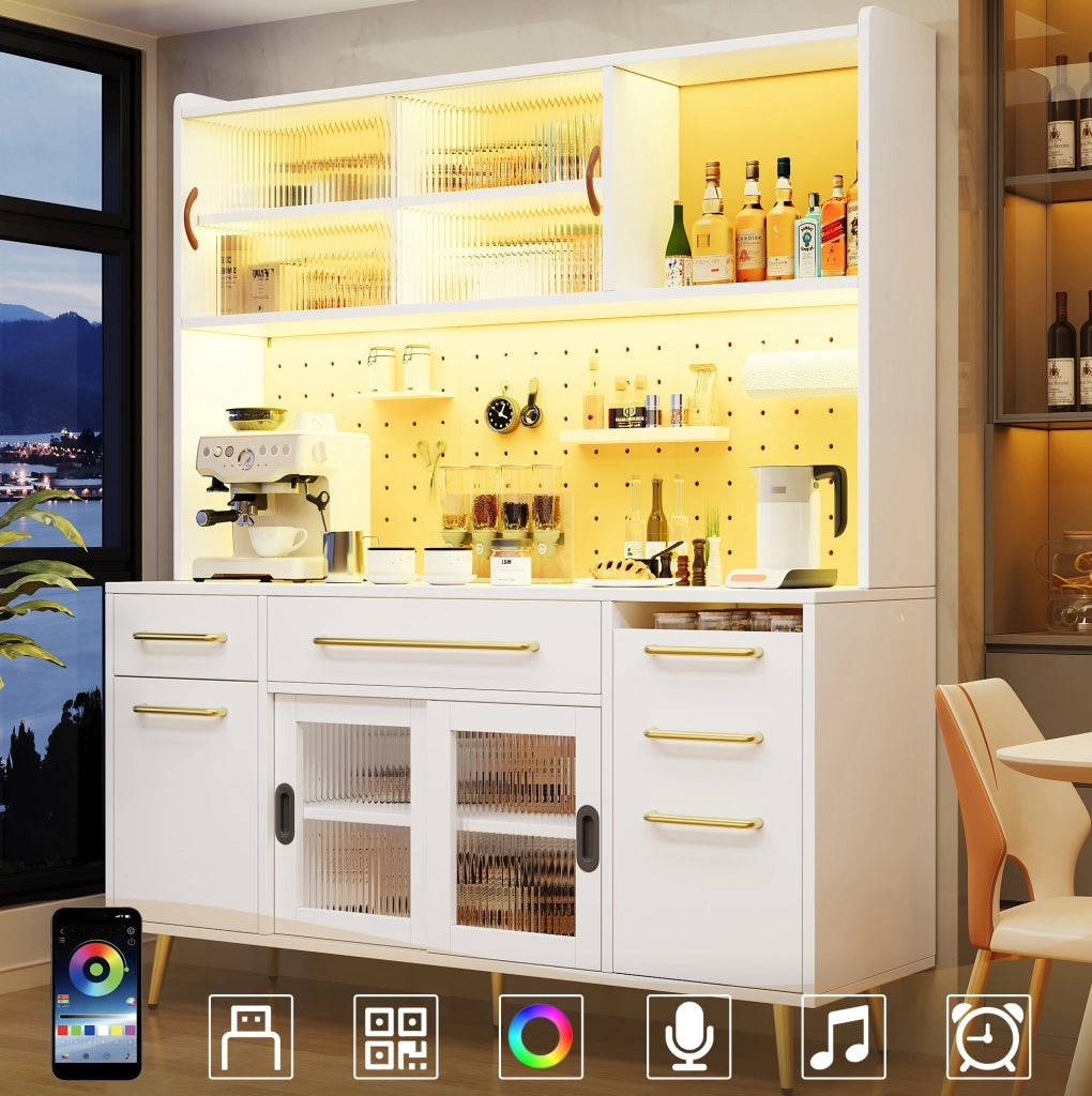 Sideboard moderno con LED, armadio alto per cucina e soggiorno con pannello forato, cassetti e porta in vetro, bianco, 145x39x171 cm